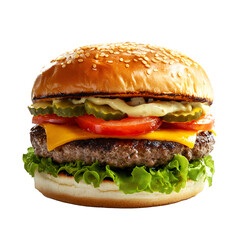 Juicy hamburger with fresh ingredients, featuring lettuce, tomato, pickles, and cheese.