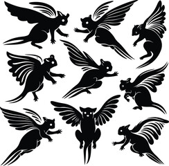 Sugar marsupial fly, or sugar flying posum Silhouette of a sugar glider Sugar glider animal design, illustration, vector with black color, pink background. Sugar glider flies. Monochrome contour vecto