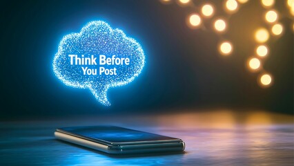 A conceptual image emphasizing mindful social media usage, featuring a glowing speech bubble over a phone with the text "Think Before You Post"