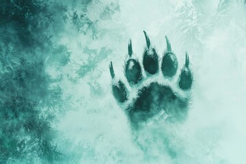 An enigmatic bear paw print is frozen in a misty, abstract and mysterious teal landscape, inviting intrigue.