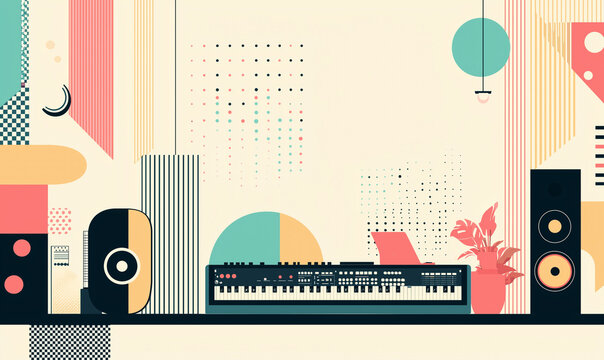 Abstract music studio design featuring colorful geometric shapes, a synthesizer, speakers, and a potted plant against a light background.