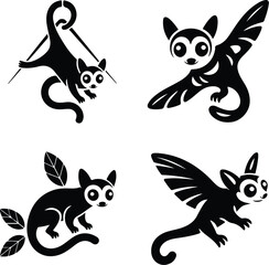 Sugar marsupial fly, or sugar flying posum Silhouette of a sugar glider Sugar glider animal design, illustration, vector with black color, pink background. Sugar glider flies. Monochrome contour vecto