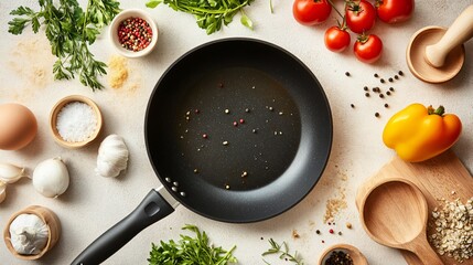 A top-down view of a frying pan with gentle morning light streaming in, surrounded by simple, wholesome ingredients