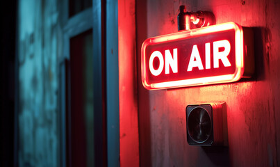 Bright red "ON AIR" sign illuminated against a dark background, conveying a sense of broadcasting or live recording atmosphere.