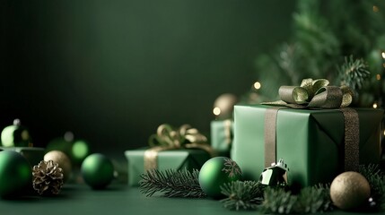 Green christmas background with copy space. A gift with green ornaments. A festive holiday cheer is a festive celebration. Green christmas backdrop featuring lifestyle space for text.