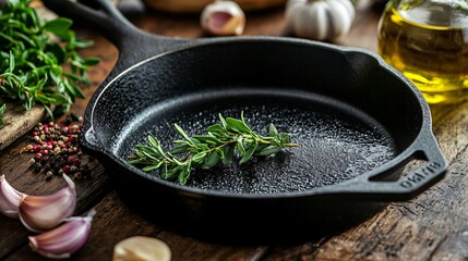 Close up shot of a cast iron frying pan on a rustic wooden table, surrounded by fresh herbs, garlic cloves, and a drizzle of olive oil, ready for cooking