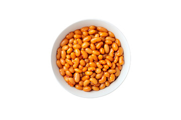 A bowl of delicious, shiny orange beans on a clean white background.