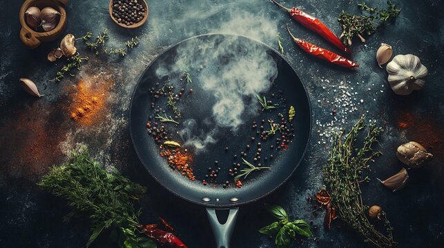 An overhead shot of a frying pan with smoke rising, surrounded by spices and herbs in a dramatic, moody light