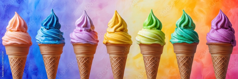 Poster cheerful row of colorful ice cream cones showcasing vibrant flavors with a pastel background creatin