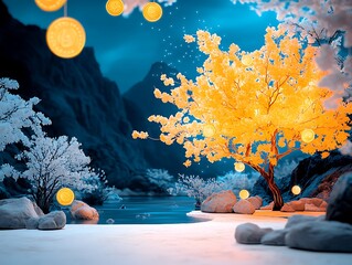 Magical Night, Golden Tree, Calm Lake