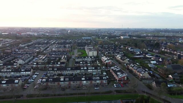 Aerial of the residential Bijdorp district in Barendrecht, South Holland, The Netherlands at sunrise