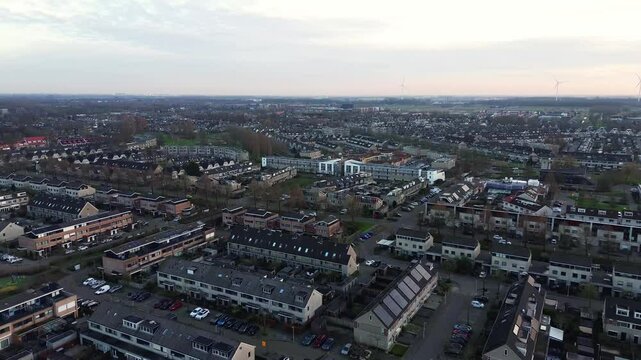 Aerial of the residential Bijdorp district in Barendrecht, South Holland, The Netherlands at sunrise
