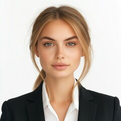 Female employee ID photo. Office worker ID card photo. AI generated.