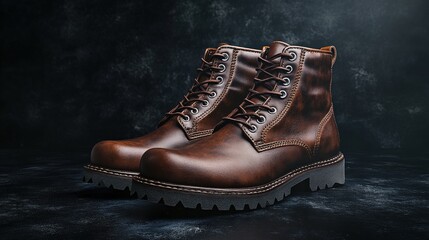 Classic Brown Leather Boots with Laces on Dark Background for Fashion and Lifestyle
