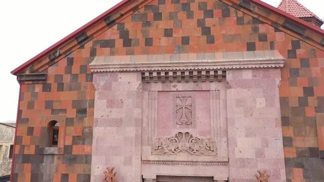 Drone shot of the facade and gate of the Saint Gregory of Narek Cathedral in Armavir, Armenia