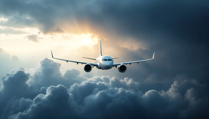 A commercial aircraft soars through a dramatic sky, breaking through a layer of storm clouds as the golden rays of the setting sun pierce the horizon. This image evokes a sense of power, freedom.