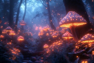 A mystical forest with glowing mushrooms and plants, creating a magical and otherworldly atmosphere