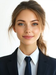 Female employee ID photo. Office worker ID card photo. AI generated.