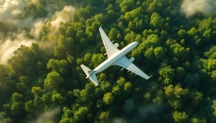 Fototapeta premium Airplane flying over lush green forest with morning mist.