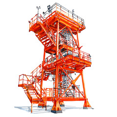 Orange industrial structure with multiple levels connected by staircases featuring various machinery and equipment.