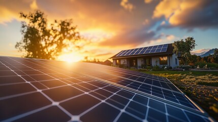 Solar panels on small house. Detached solar panel in home. A beautiful yard with a blue sky and a blue sky. Photovoltaic panels installed on lifestyle a tiny home.