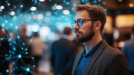 Man with glasses and a business background. Business networking and business trade. A neural network of event ai is a neural network that is generative. Man wearing glasses and having a lifestyle.