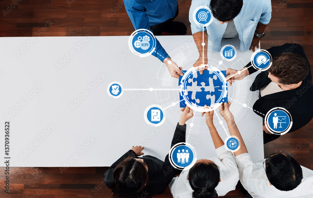 Poster A diverse group of professionals collaborates around a puzzle globe, analyzing performance metrics and key indicators, symbolizing teamwork and strategic planning in business. Amity