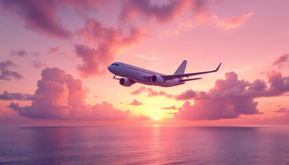Airplane flying above ocean at sunset.