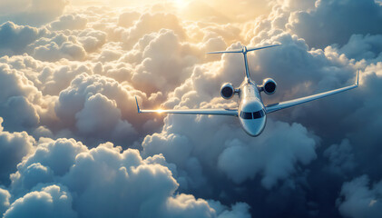 A sleek, silver private jet soars through a mesmerizing sea of fluffy clouds, bathed in the golden hues of a breathtaking sunset. The image evokes a sense of luxury, adventure, and freedom.