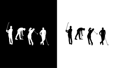 Obraz premium golfer silhouette illustration vector, golfer person silhouettes black, illustration vector of golfer people, golfer people icon, black, white, illustration, vector, art, design, people,