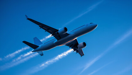 Fototapeta premium Airplane soaring through a vibrant blue sky, leaving a contrail, suggesting travel, freedom, and adventure.