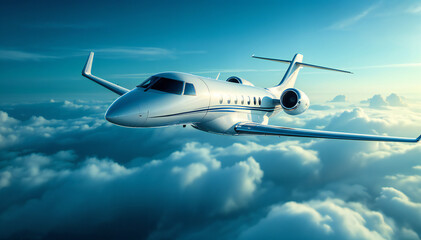 Obraz premium Private jet soaring above the clouds at sunset, a symbol of luxury travel and high-end adventure.