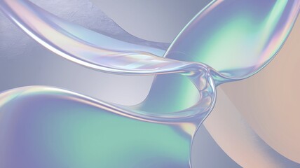 Naklejka premium Silky smooth sheet of flowing liquid metal displaying a soft gradient of iridescent pastel colors (lavender, mint, peach), abstract calming background, minimal texture, clean modern design, fluid moti