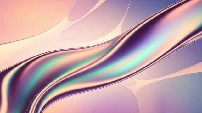 Silky smooth sheet of flowing liquid metal displaying a soft gradient of iridescent pastel colors (lavender, mint, peach), abstract calming background, minimal texture, clean modern design, fluid moti