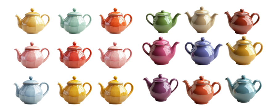 Colorful Teapots in Various Styles Arranged in a Grid Format, PNG bundle collection, Isolated on Transparent Background