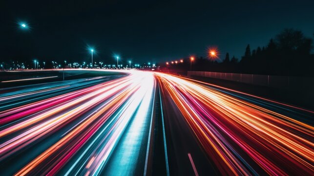 Long exposure shot captures vibrant light trails on a highway at night.
