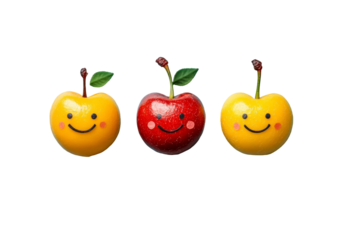 Charming Collection of Colorful Cartoon Fruits with Smiling Faces, Ideal for Kids' Themes and Playful Illustrations, Bright Colors and Cheerful Expressions
