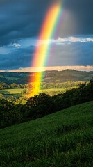 Obraz premium Vibrant Rainbow Arcing Over Lush Green Rolling Hills and Fields after a Summer Rainstorm A picturesque landscape photograph showcasing nature's beauty