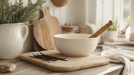 A cozy kitchen scene with a cutting board, vanilla pods, a mixing bowl, and a wooden rolling pin