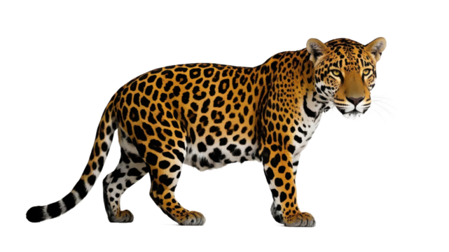 A jaguar standing with a spotted coat and a black tail on a black background looking at the viewer