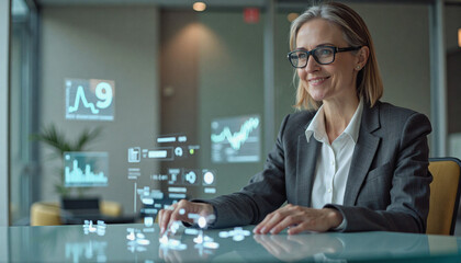 A portrait headshot photo of a friendly professional CEO executive business worker: A confident businesswoman analyzes data on a transparent screen displaying financial charts while seated at a m