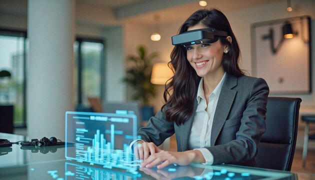 A portrait headshot photo of a friendly professional CEO executive business worker: A smiling businesswoman wearing a virtual reality headset interacts with holographic data visualizations floati