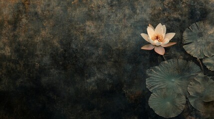 Pink water lily on dark background. Lily of the valley with pond of water and a flower. Vintage zen garden with botanicals and a vintage canvas. A pink water lily against a dark lifestyle backdrop.