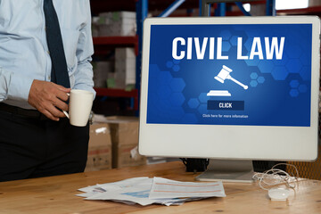 Civil law brisk information showing on computer screen for Common Justice Legal Regulation Rights...