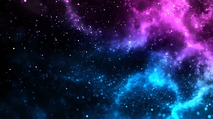 Fototapeta premium Vibrant cosmic nebula with swirling pink, purple and blue colors against black space background, dotted with bright stars. Dreamy galaxy atmosphere for space designs.