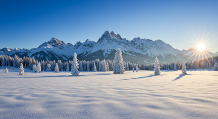 Majestic Winter Landscape Snow Covered Trees and Mountain Range at Sunrise