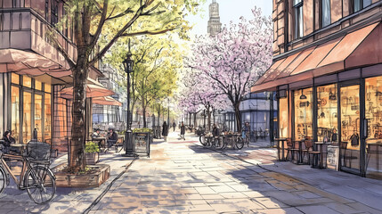 Urban street scene with cherry blossoms and outdoor cafés  