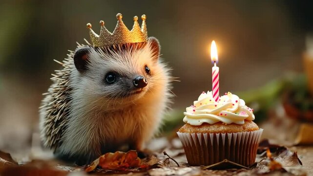 Cute hedgehog birthday scene with cupcake