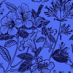 Seamless botanical pattern, linear floral composition, simple vector drawing of flowers. 