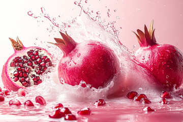Three red pomegranates are splashing in a pool of water. The pomegranates are surrounded by a lot of water droplets, creating a sense of motion and energy. The scene is vibrant and lively